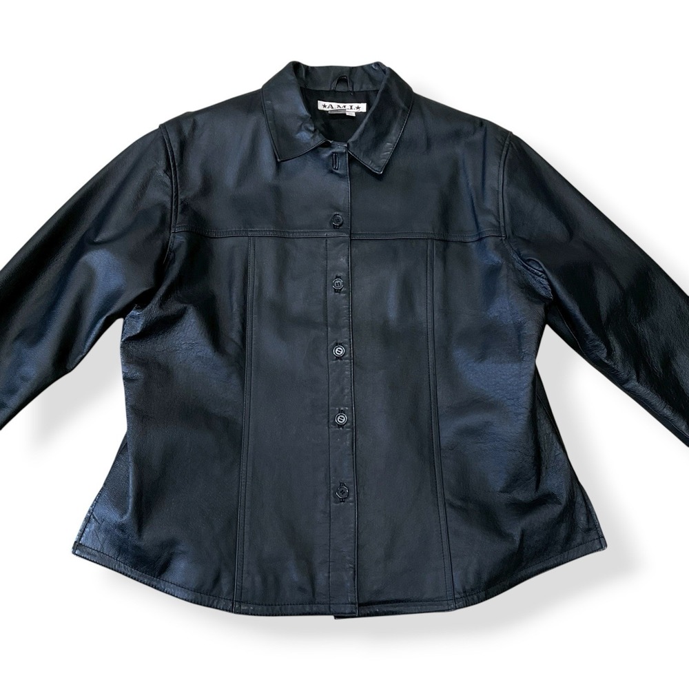 A.M.I. Leather Jacket Women‎ XL Black Long Sleeve Button Down Collar Y2K